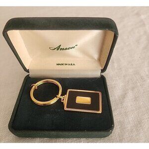 New Vintage Anson Black Enamel Key Chain Gold Tone Engraveable Split Key Ring